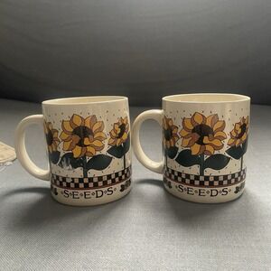 Vintage Sunflower Seeds Mug Checkerboard K.I.C. Made In Korea Set of 2 Cups